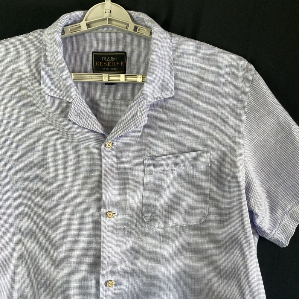 Jos A Bank Reserve Men's 100% Linen Button UP Shirt Blue Micro Check Camp Casual